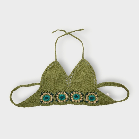 Vtg Crochet Crop Top Womens Bralette Adjustable Hippie Festival Boho Green Flora - Picture 2 of 10